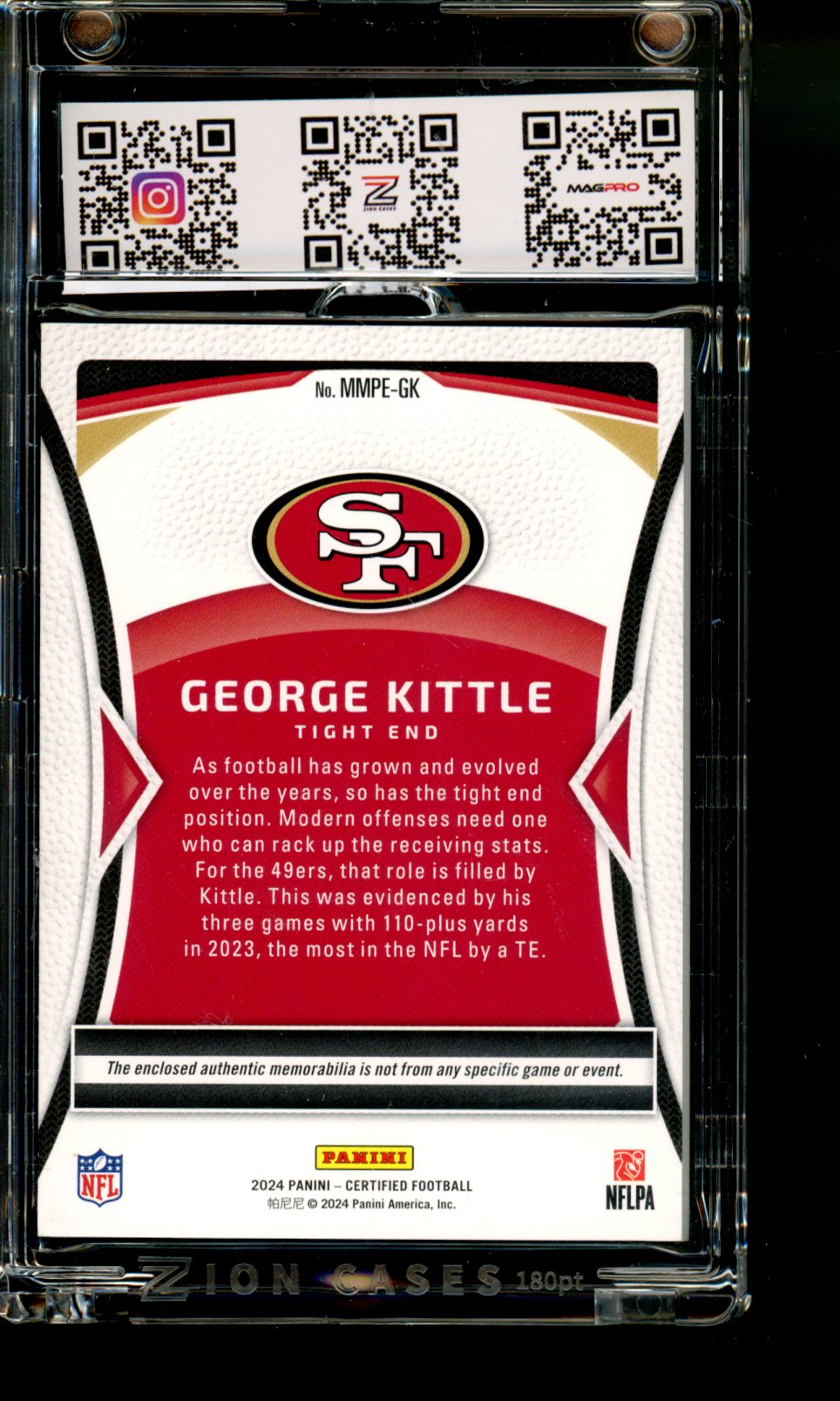 George Kittle 2024 Panini Certified Patch /30 SF 49ers Mirror Orange w/zion mag pro case