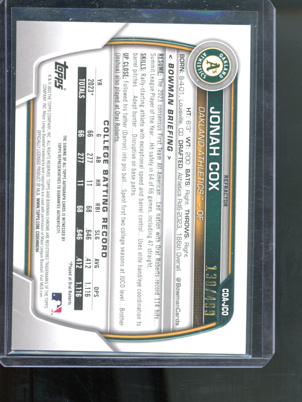 Jonah Cox 2023 Bowman Draft #CDA-JCO 1st Chrome Refractor Auto /499 A's