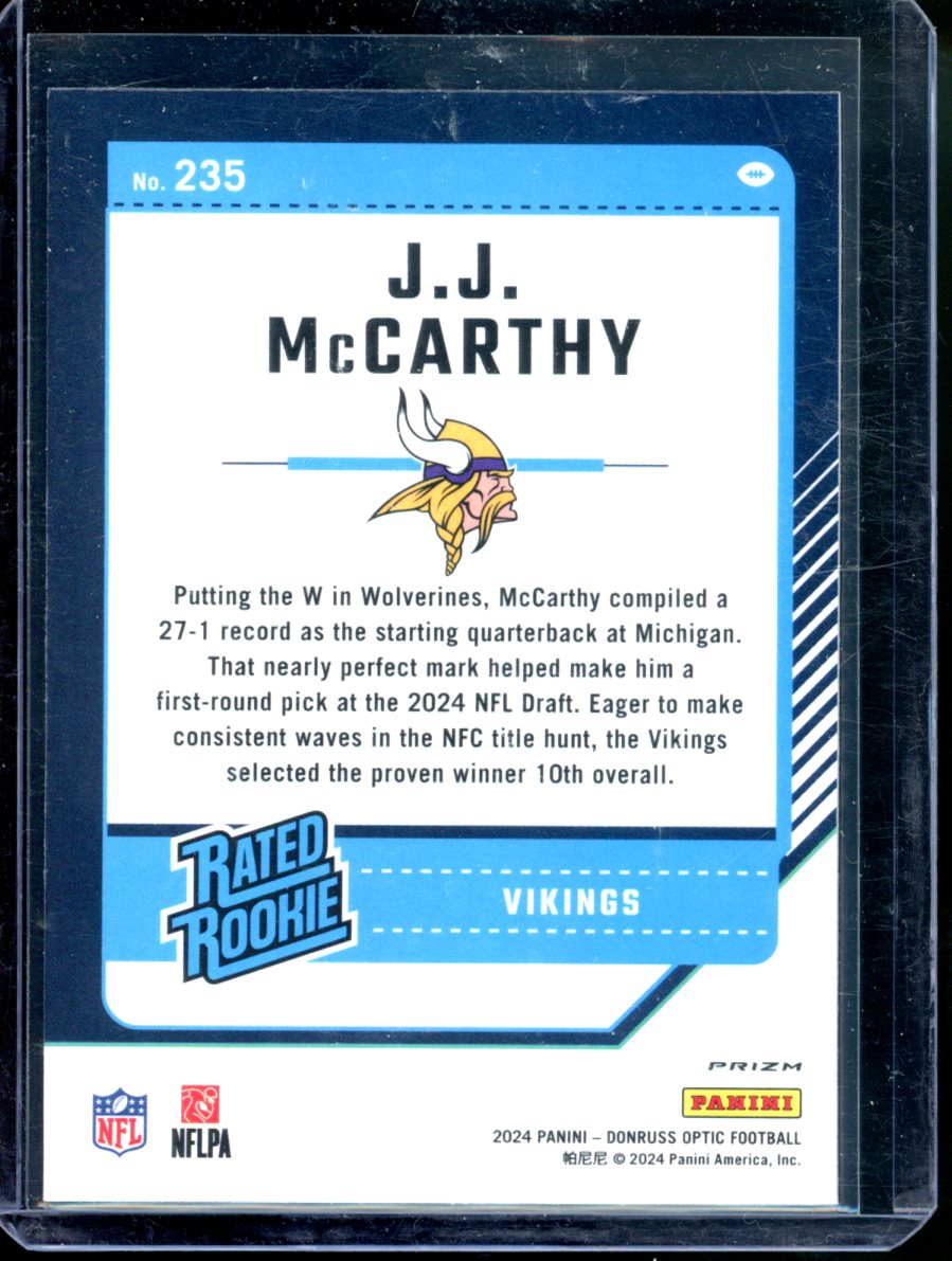 2024 Panini Donruss Optic Rated Rookie J.J. McCarthy #235 Blue Scope Prizm (RC)