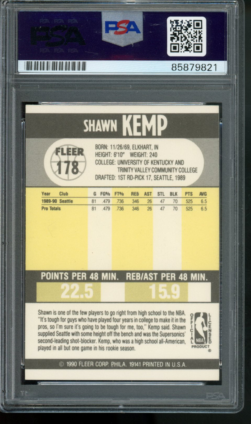 1990 FLEER SHAWN KEMP PSA/DNA CERTIFIED AUTH AUTO #178