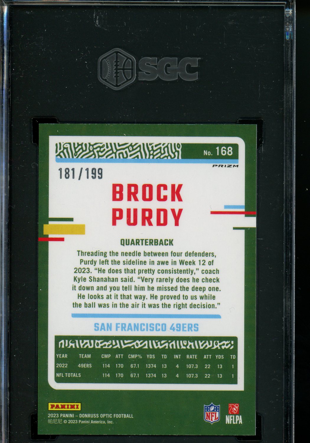 2023 DONRUSS OPTIC BROCK PURDY BLUE PRIZM /199 SGC 10 GEM MINT
