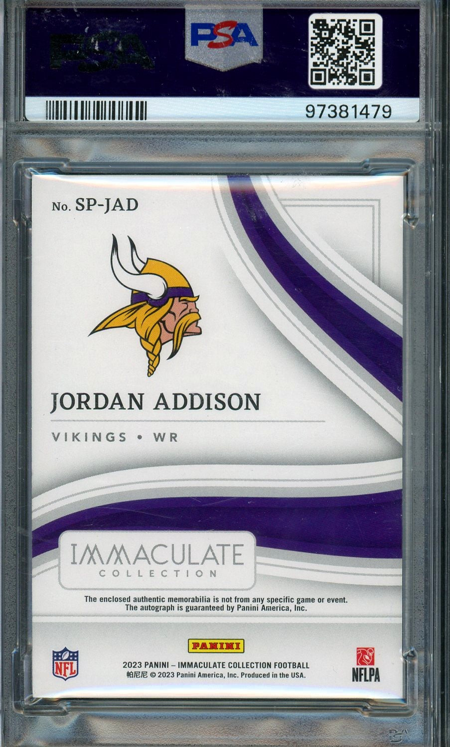 2023 IMMACULATE JORDAN ADDISON ROOKIE DUAL PATCH AUTO EMERALD /18 PSA 9 MINT