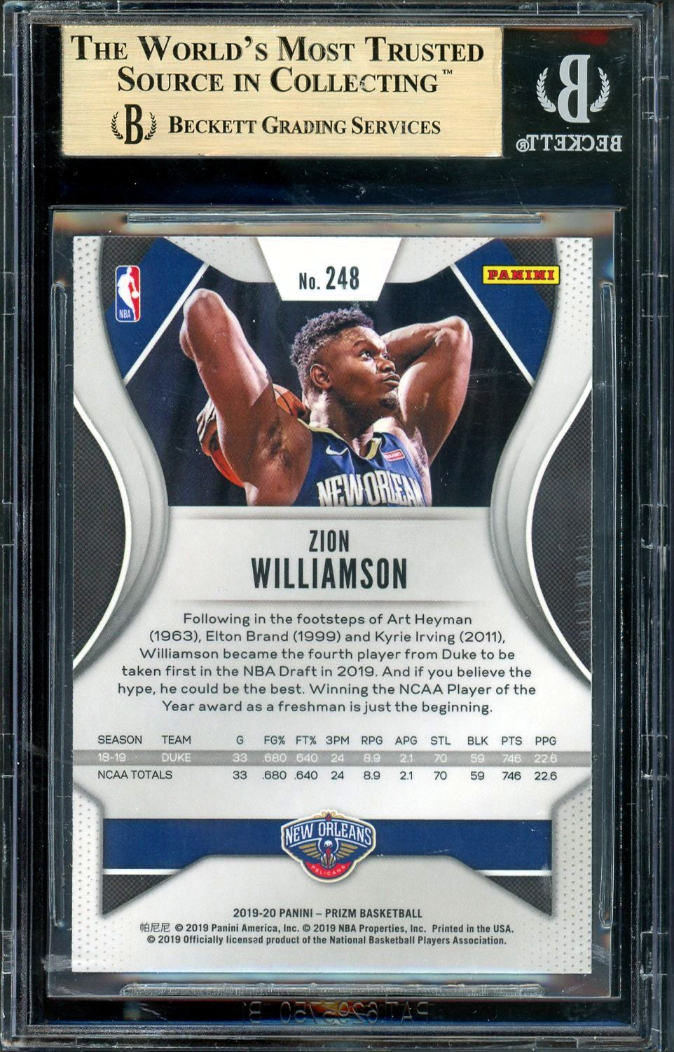 2019-20 PANINI PRIZM ZION WILLIAMSON ROOKIE BECKETT 9.5 W/SUB GRADES GEM MINT
