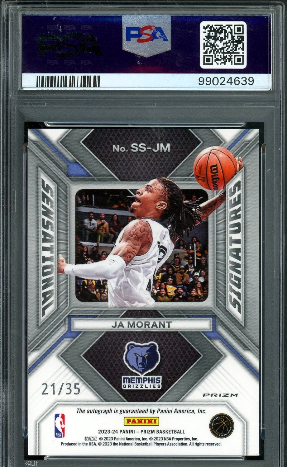2023-24 PANINI PRIZM JA MORANT SENSATIONAL SIGNATURES BLUE CHOICE AUTO PSA 10
