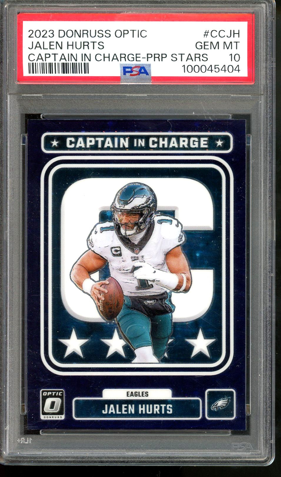 2023 Donruss Optic Jalen Hurts Cap. in charge- purple stars /25 Psa 10