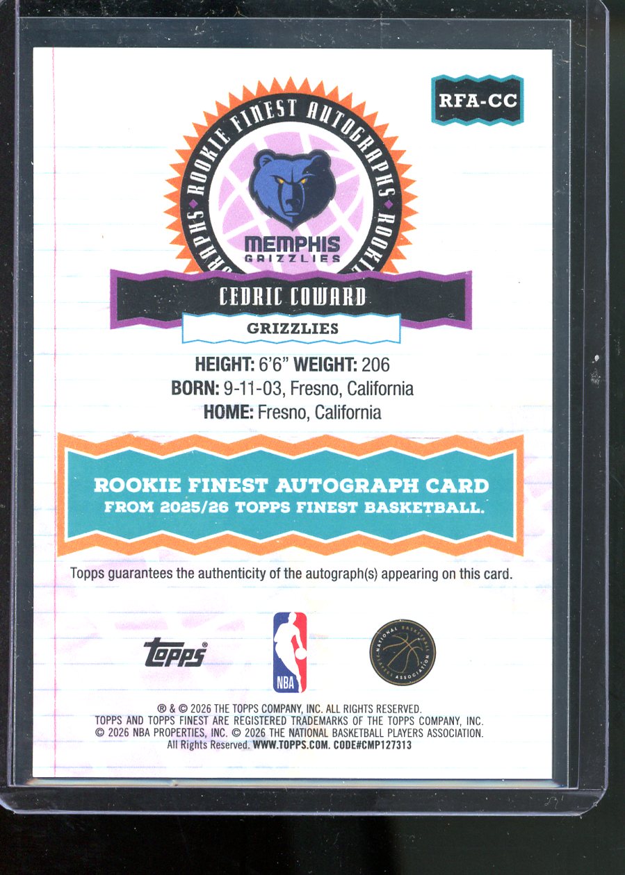 2026 TOPPS FINEST CEDRIC COWARD ROOKIE FINEST AUTO #RFA-CC