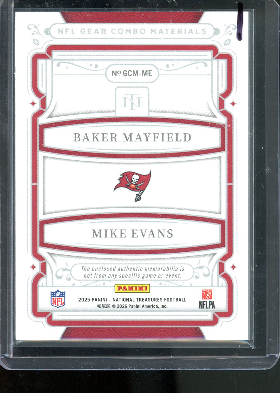 2025 PANINI NATIONAL TRESURES NFL GEAR MATERIALS BAKER MAYFIELD MIKE EVANS /99