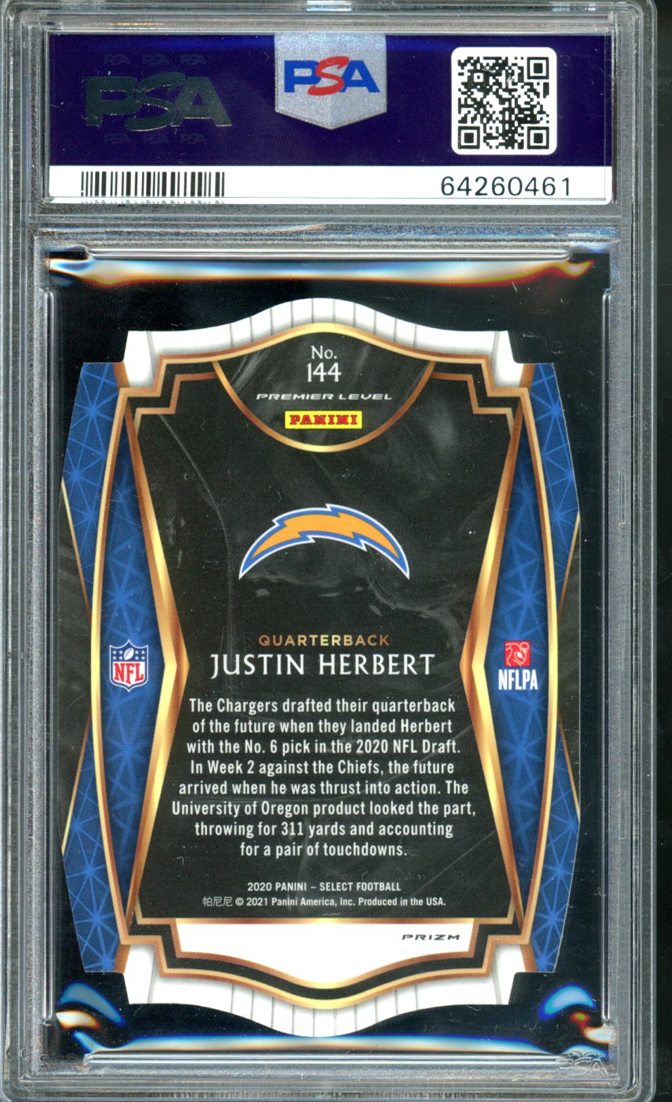 2020 PANINI SELECT JUSTIN HERBERT ORANGE DIECUT ROOKIE PREMIER LEVEL PSA 9