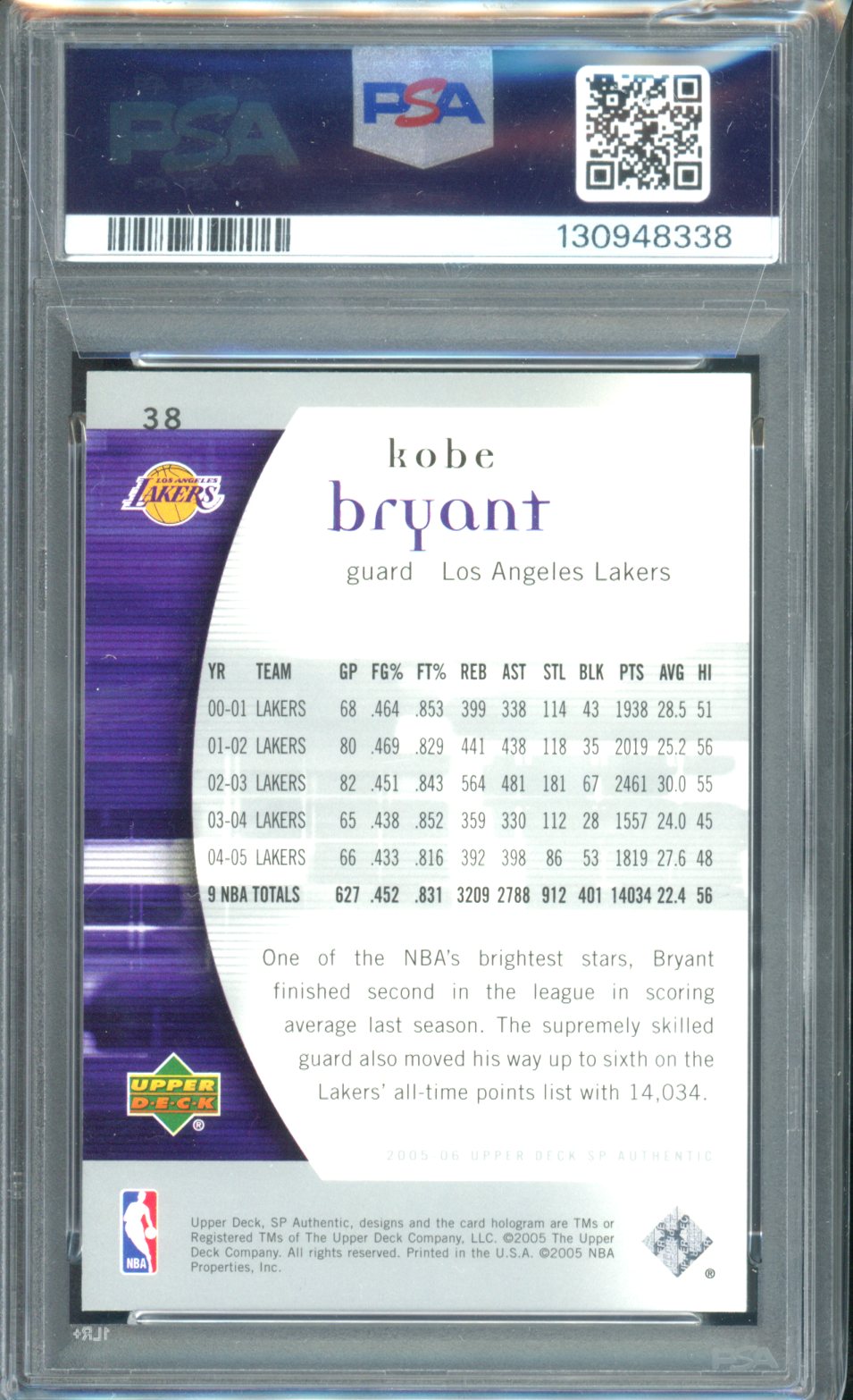 2005 UPPER DECK SP AUTHENTIC KOBE BRYANT PSA 9 MINT