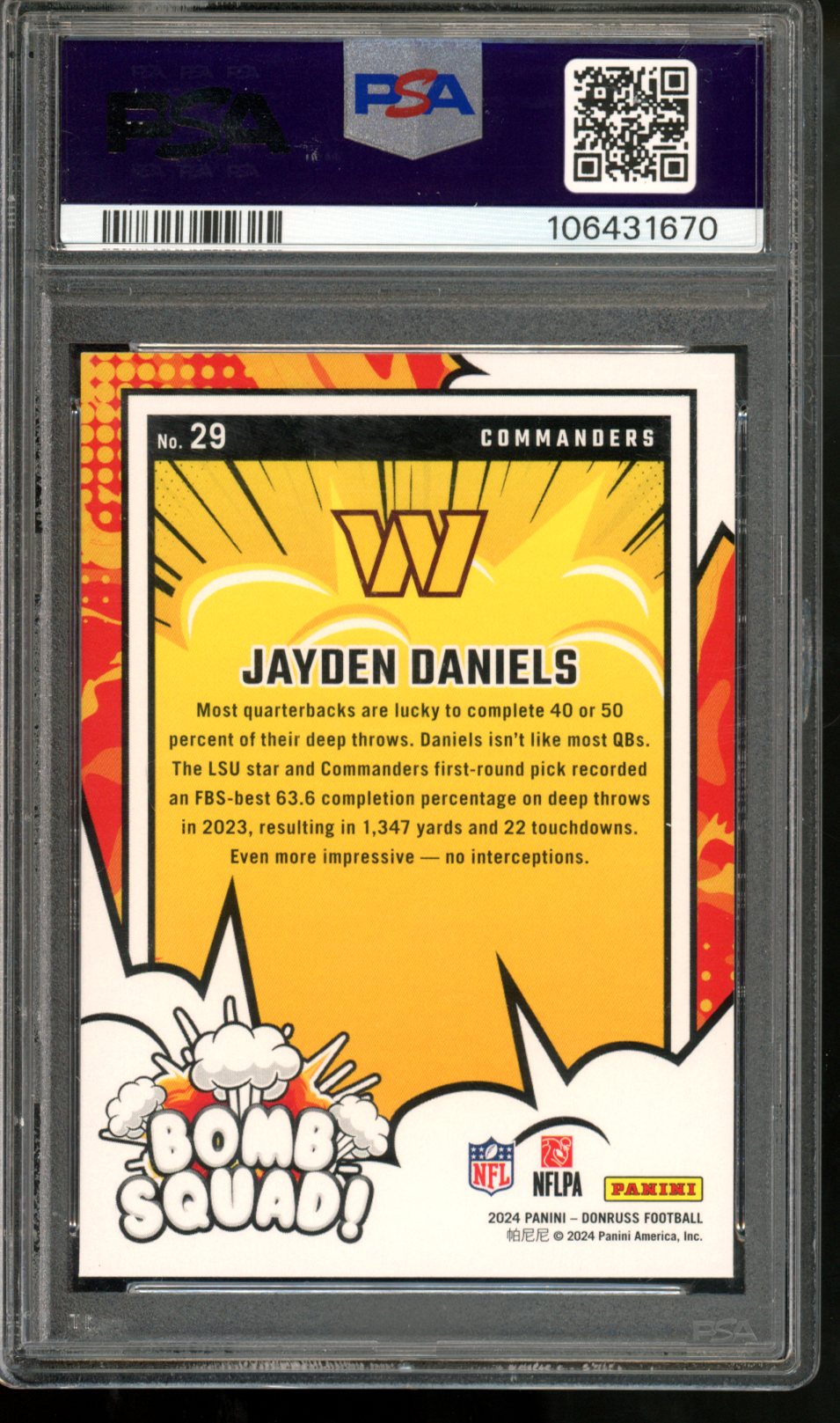 2024 DONRUSS JAYDEN DANIELS BOMB SQUAD RC PSA 10