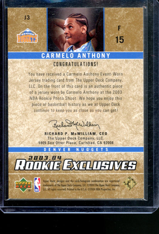2003-04 UPPER DECK CARMELO ANTHONY ROOKIE EXCLUSIVES EVENT WORN JERSEY PATCH