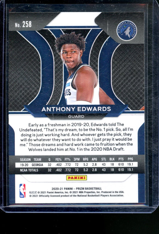 2020-21 PANINI PRIZM ANTHONY EDWARDS BASE ROOKIE #258