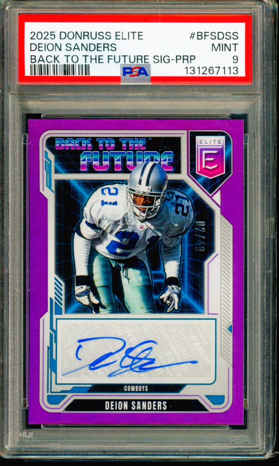 Panini 2025 Donruss Elite Back to the Future Sigs Deion Sanders Auto Purple /49 Psa 9
