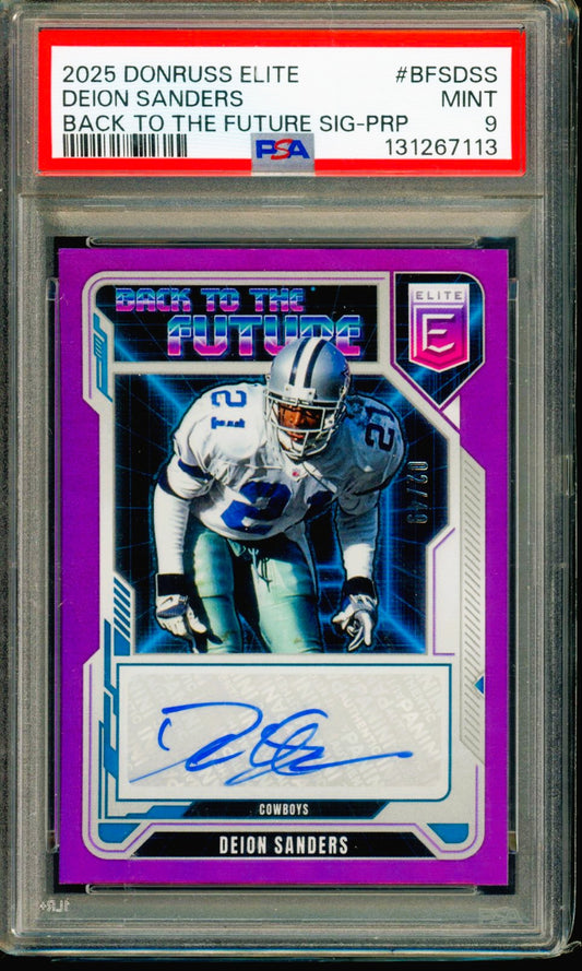 Panini 2025 Donruss Elite Back to the Future Sigs Deion Sanders Auto Purple /49 Psa 9