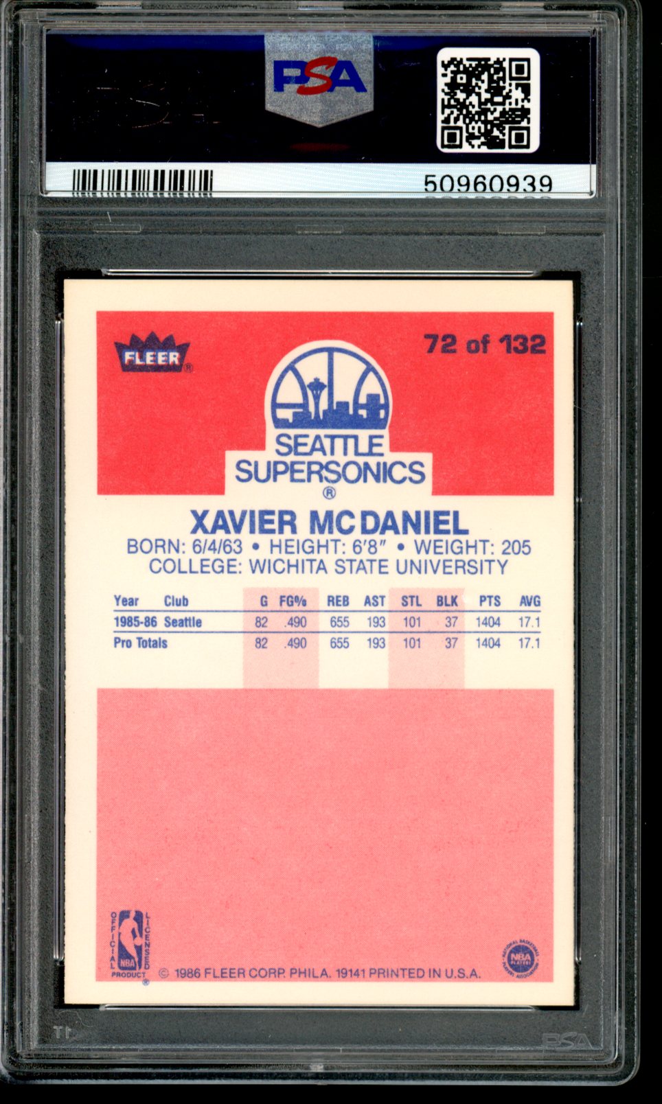 1986-87 Fleer Basketball Xavier McDaniel (RC) PSA 8 NM-MT Card #72 Supersonics