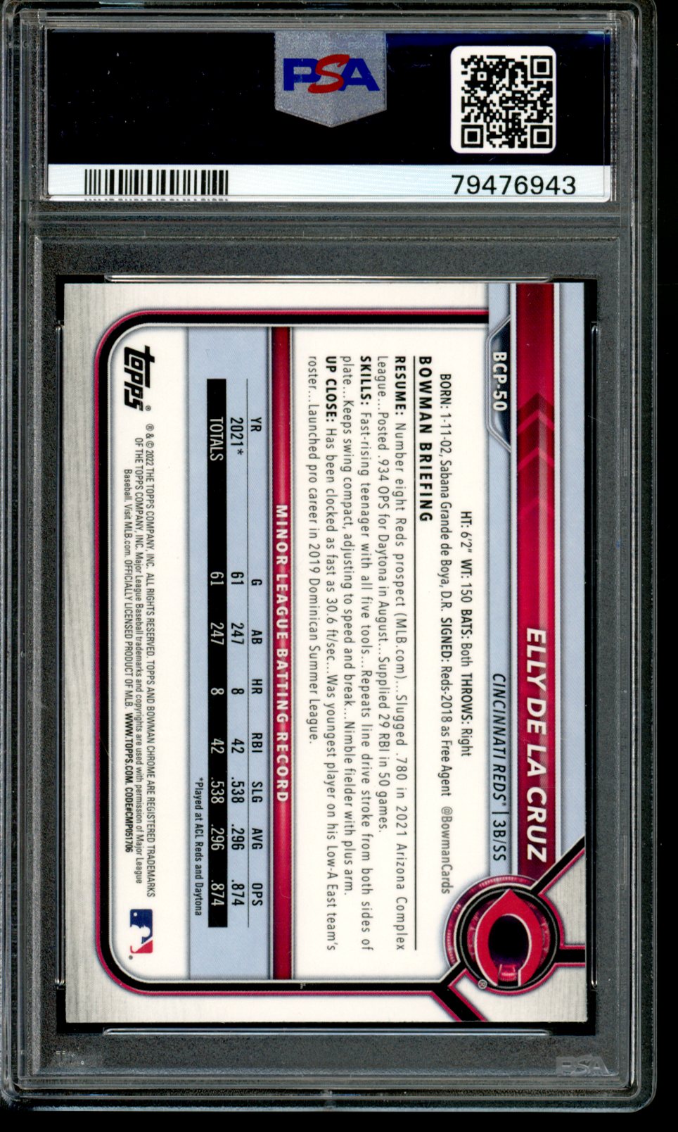 2022 BOWMAN CHROME PROSPECTS #BCP50 ELLY DE LA CRUZ RC PSA 10