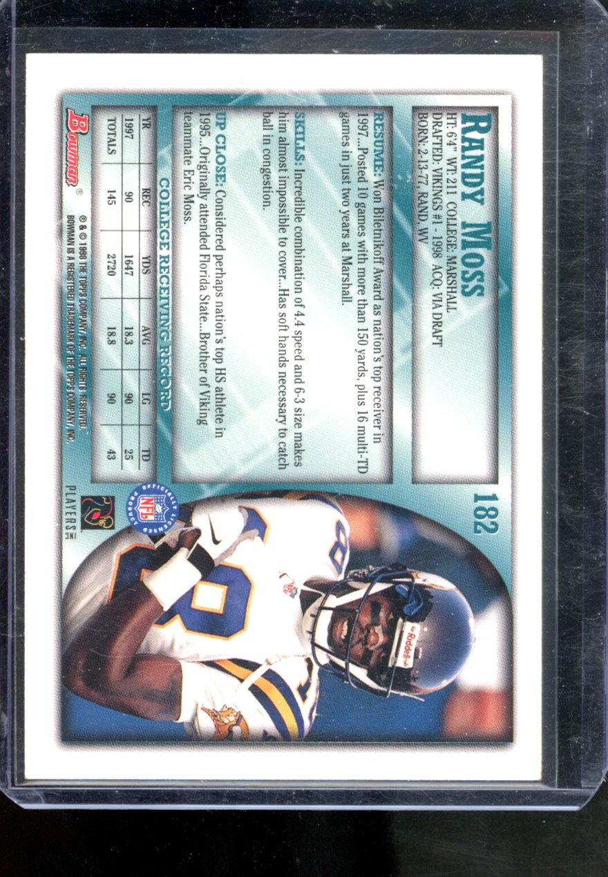 1998 TOPPS BOWMAN ROOKIE CARD RANDY MOSS #182