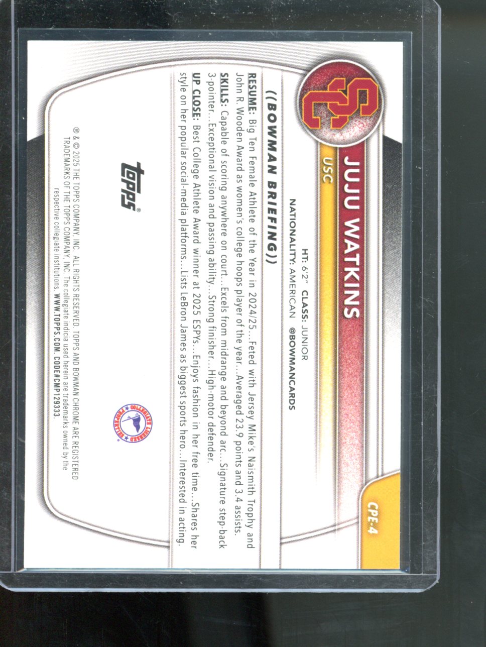 2025-26 Bowman Chrome Juju Watkins Etched In Stained Glass SSP #CPE-4 Case Hit