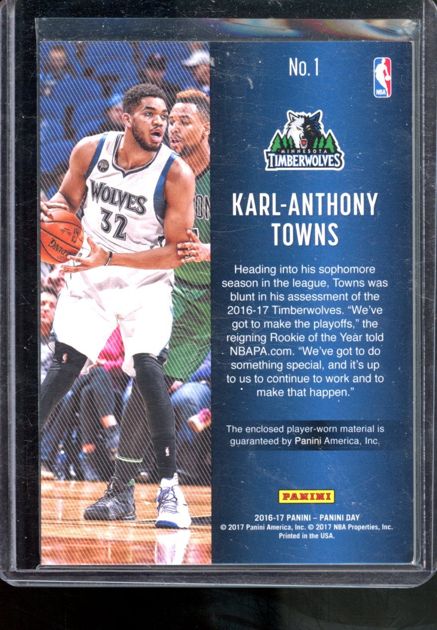 2016-17 PANINI DAY KARL-ANTHONY TOWNS JUMBO PLAYER WORN PATCH #1