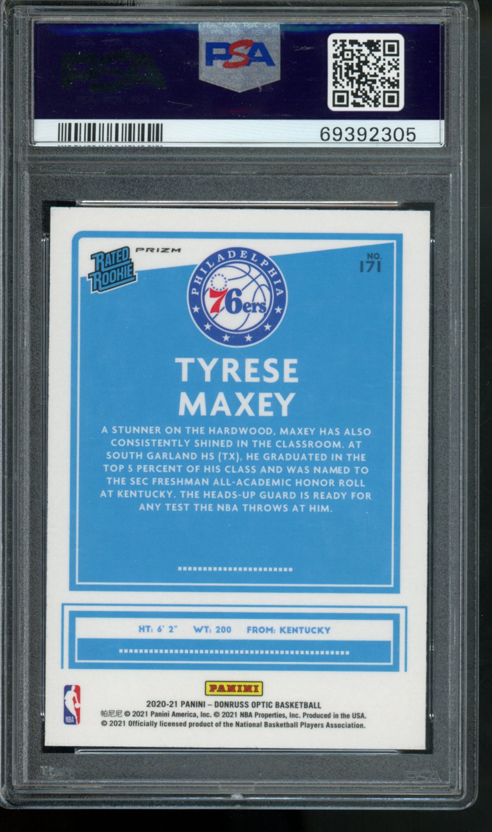 2020 DONRUSS OPTIC TYRESE MAXEY RATED ROOKIE BLUE VELOCITY PSA 10 GEM MINT
