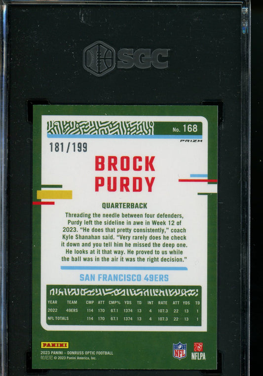 2023 DONRUSS OPTIC BROCK PURDY BLUE PRIZM /199 SGC 10 GEM MINT