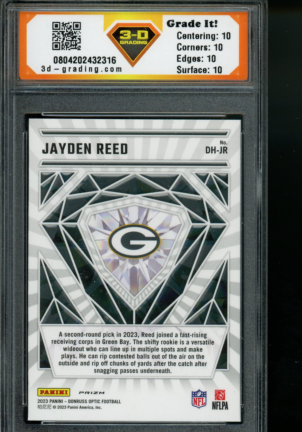2023 DONRUSS OPTIC DIAMOND HANDS SILVER RC JAYDEN REED 3-D GRADING 10