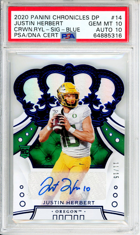 2020 Panini Chronicles Draft Pick Crown Royale Justin Herbert Rookie Auto die-cut /15 Psa 10 Auto 10 pop 2