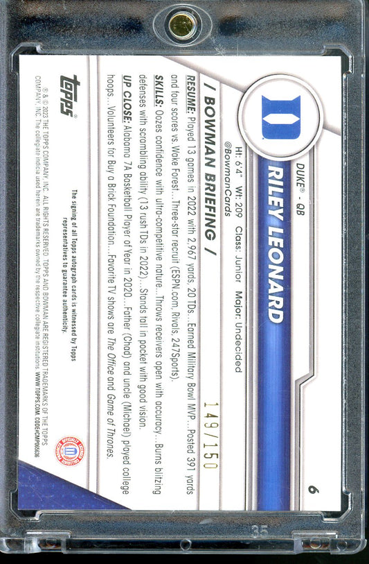 2023 TOPPS BOWMAN U 1ST BOWMAN RILEY LEONARD AUTO MINI DIAMOND FUSCIA /150