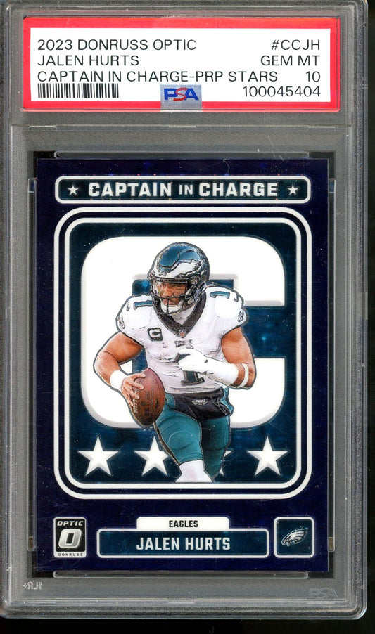2023 Donruss Optic Jalen Hurts Cap. in charge- purple stars /25 Psa 10