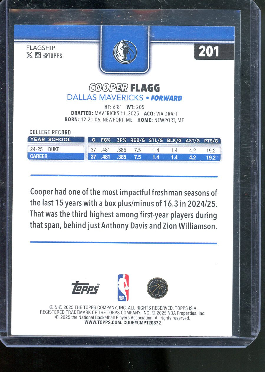2025 TOPPS COOPER FLAGG ROOKIE BASE CARD #201