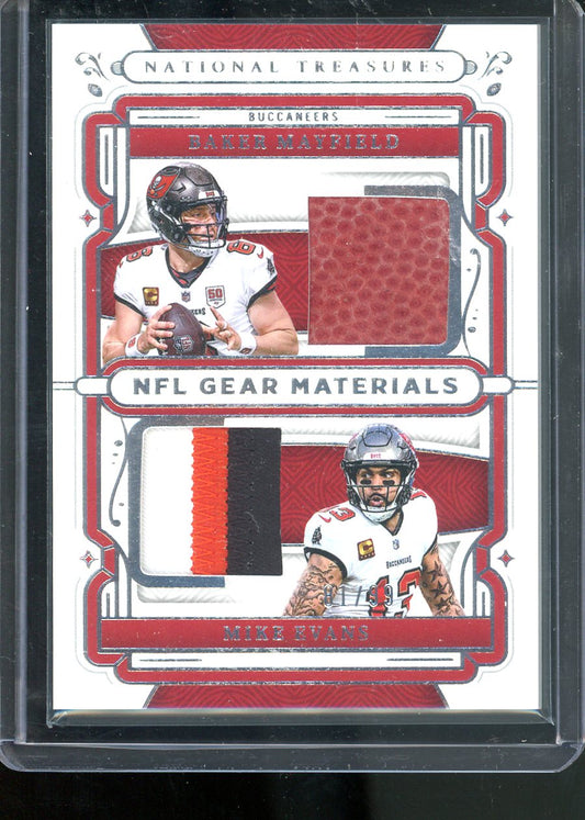 2025 PANINI NATIONAL TRESURES NFL GEAR MATERIALS BAKER MAYFIELD MIKE EVANS /99