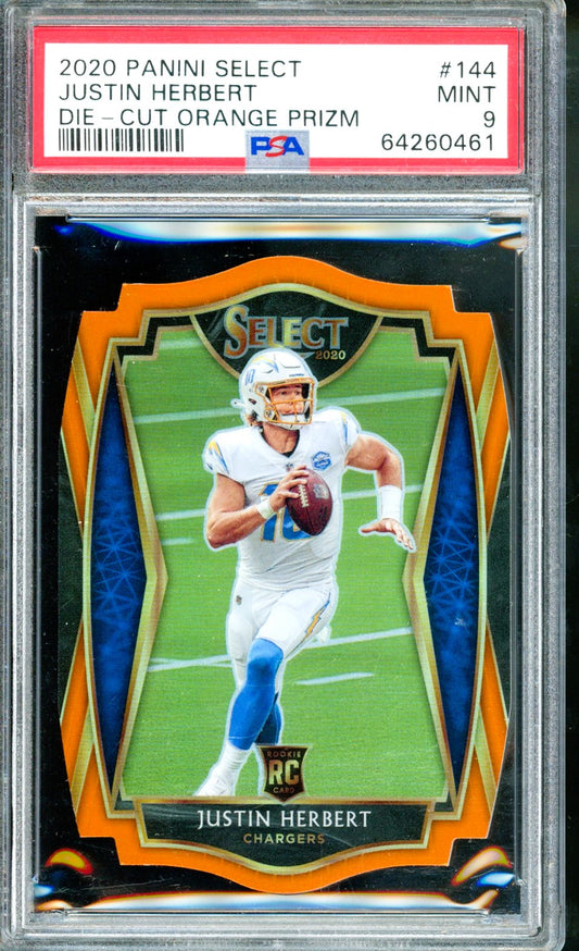 2020 PANINI SELECT JUSTIN HERBERT ORANGE DIECUT ROOKIE PREMIER LEVEL PSA 9