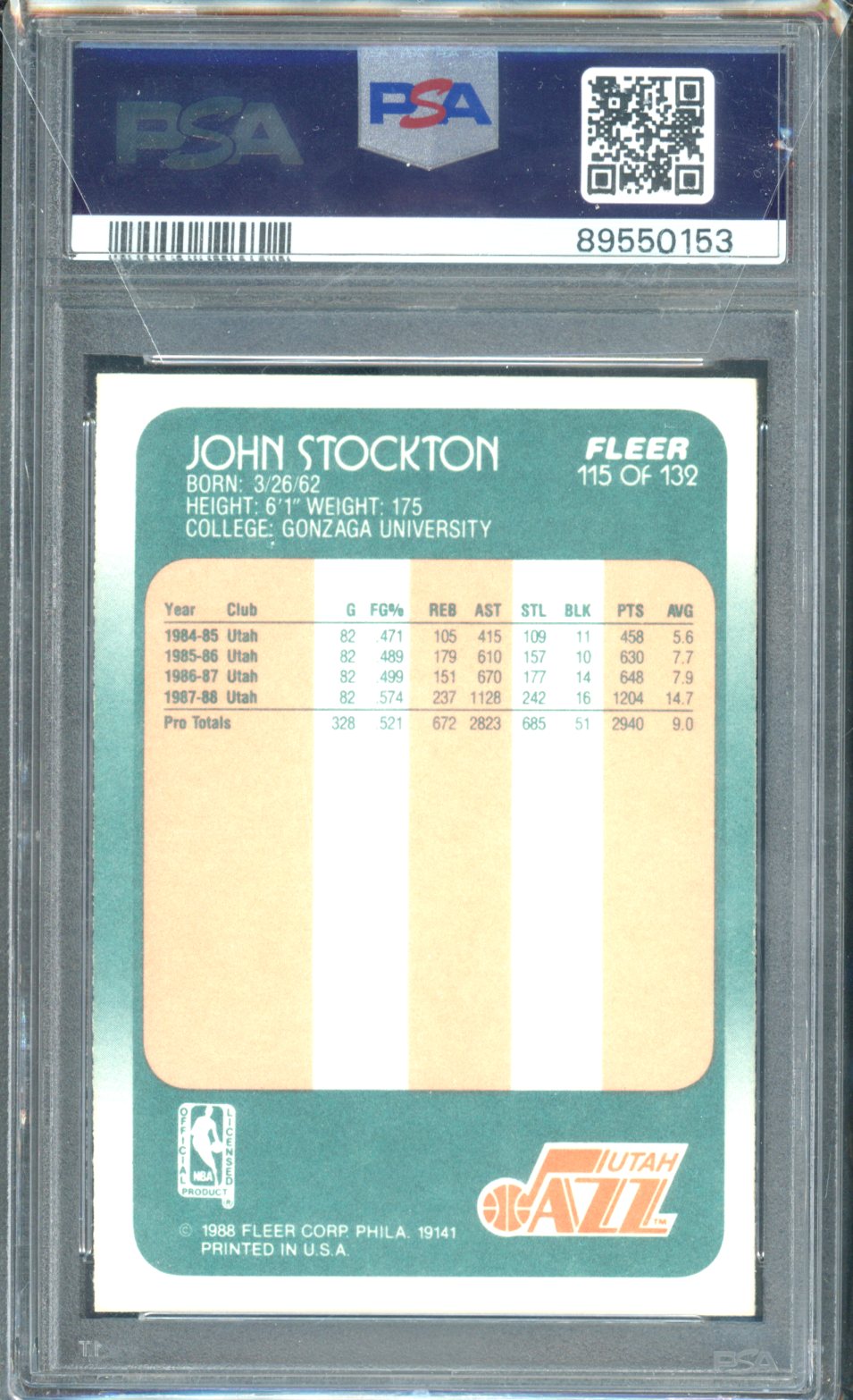 1988 FLEER JOHN STOCKTON RC PSA 10 GEM MINT #115