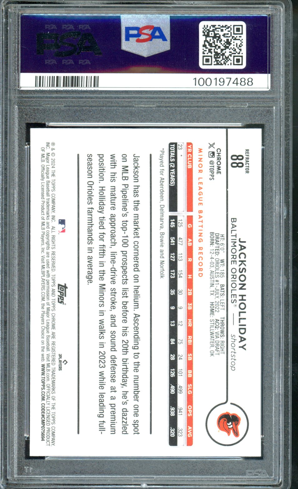 2024 TOPPS CHROME JACKSON HOLLIDAY RC REFRACTOR PSA 10