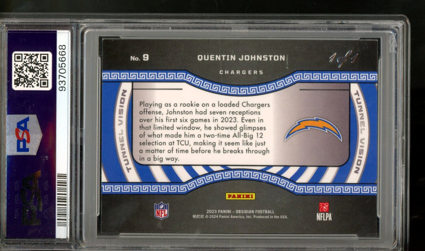 2023 PANINI OBSIDIAN QUENTIN JOHNSTON TUNNEL VISION BLUE FINATE 1/1 ROOKIE PSA 8