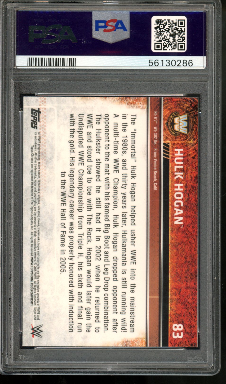 2015 TOPPS CHROME WWE HULK HOGAN REFRACTOR PSA 9