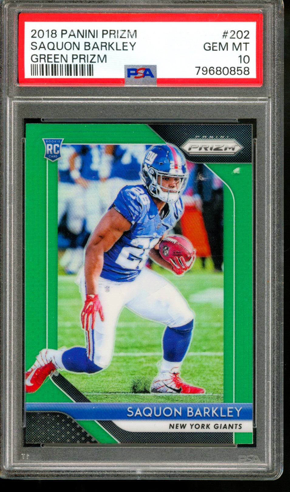 2018 PANINI PRIZM SAQUON BARKLEY GREEN PRIZM ROOKIE PSA 10