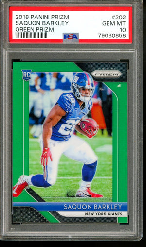 2018 PANINI PRIZM SAQUON BARKLEY GREEN PRIZM ROOKIE PSA 10