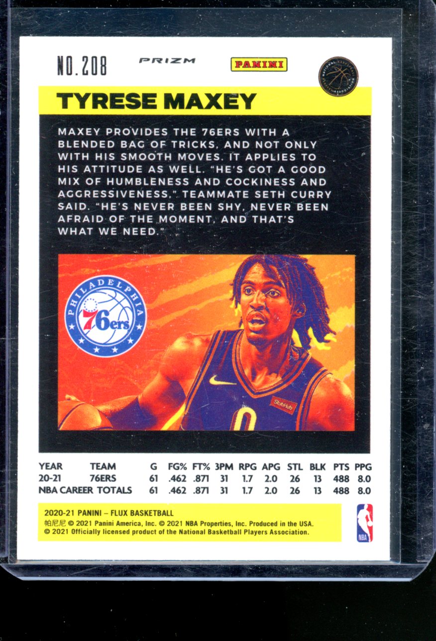 2020-21 PANINI FLUX TYRESE MAXEY RC SILVER PRIZM MOJO #208